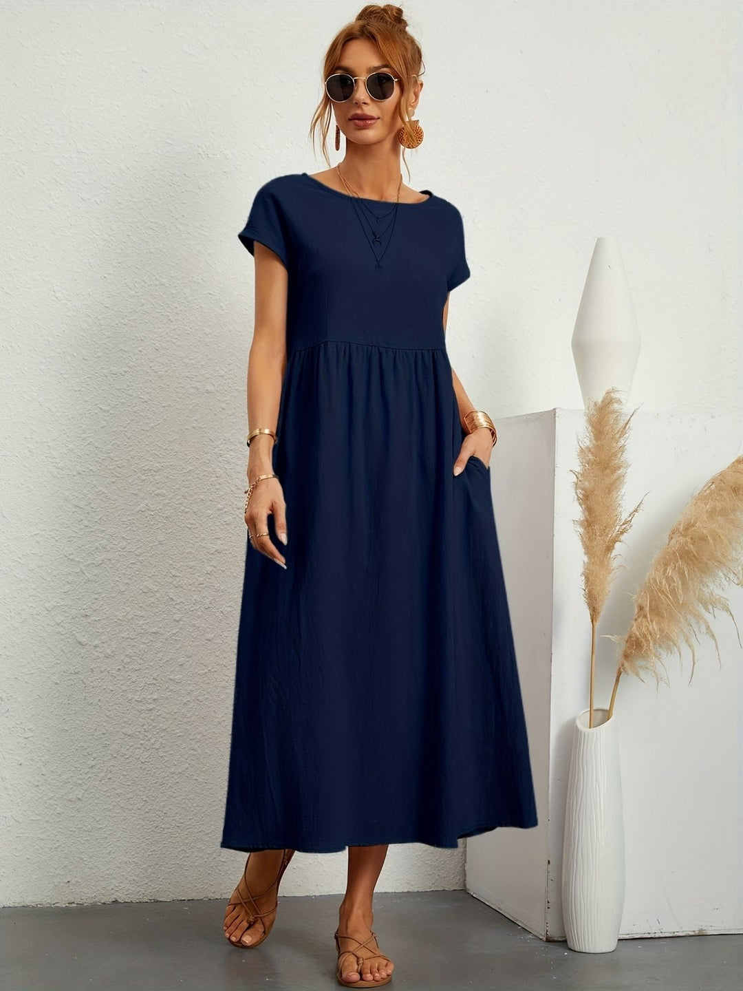 Julia | Damen Kurze Ärmel Lockeres Midi-Taschenkleid