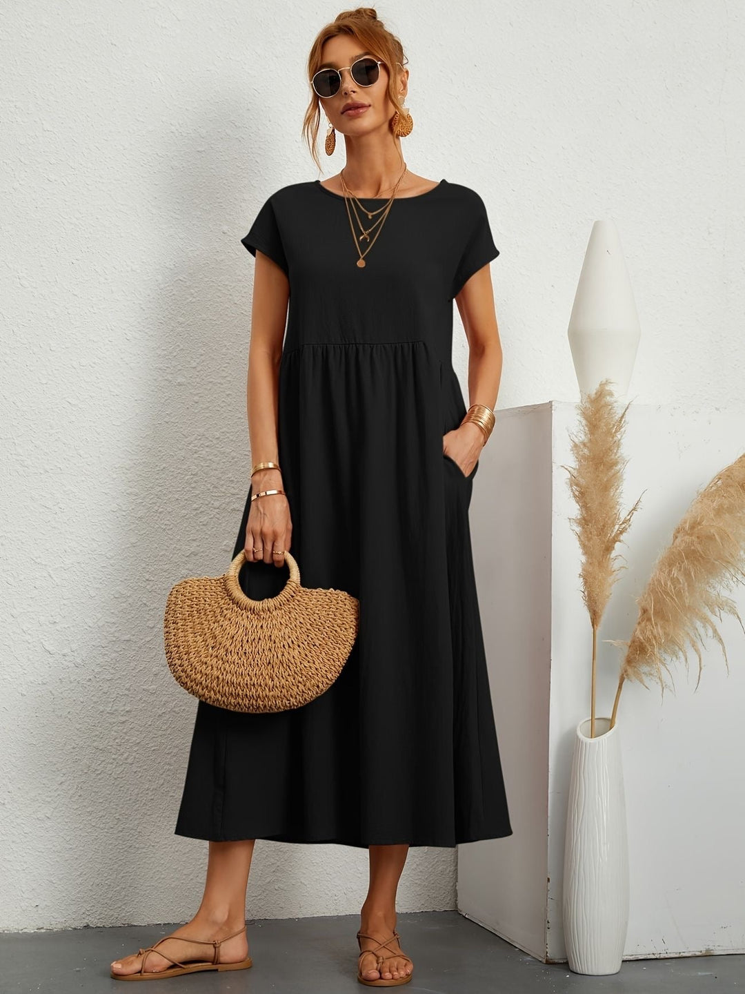 Julia | Damen Kurze Ärmel Lockeres Midi-Taschenkleid