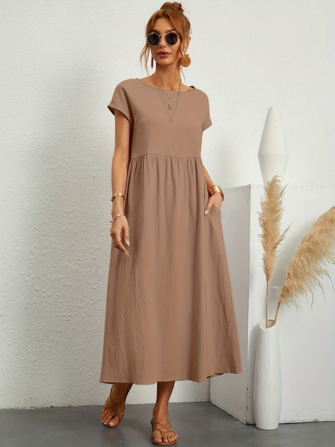 Julia | Damen Kurze Ärmel Lockeres Midi-Taschenkleid