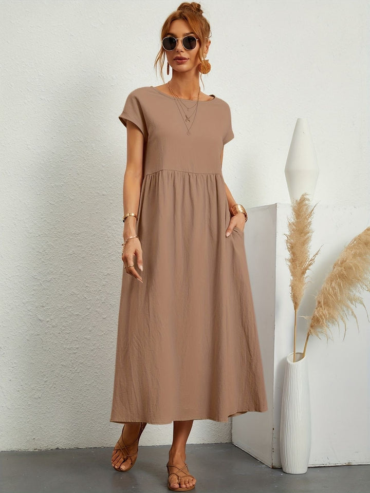 Julia | Damen Kurze Ärmel Lockeres Midi-Taschenkleid