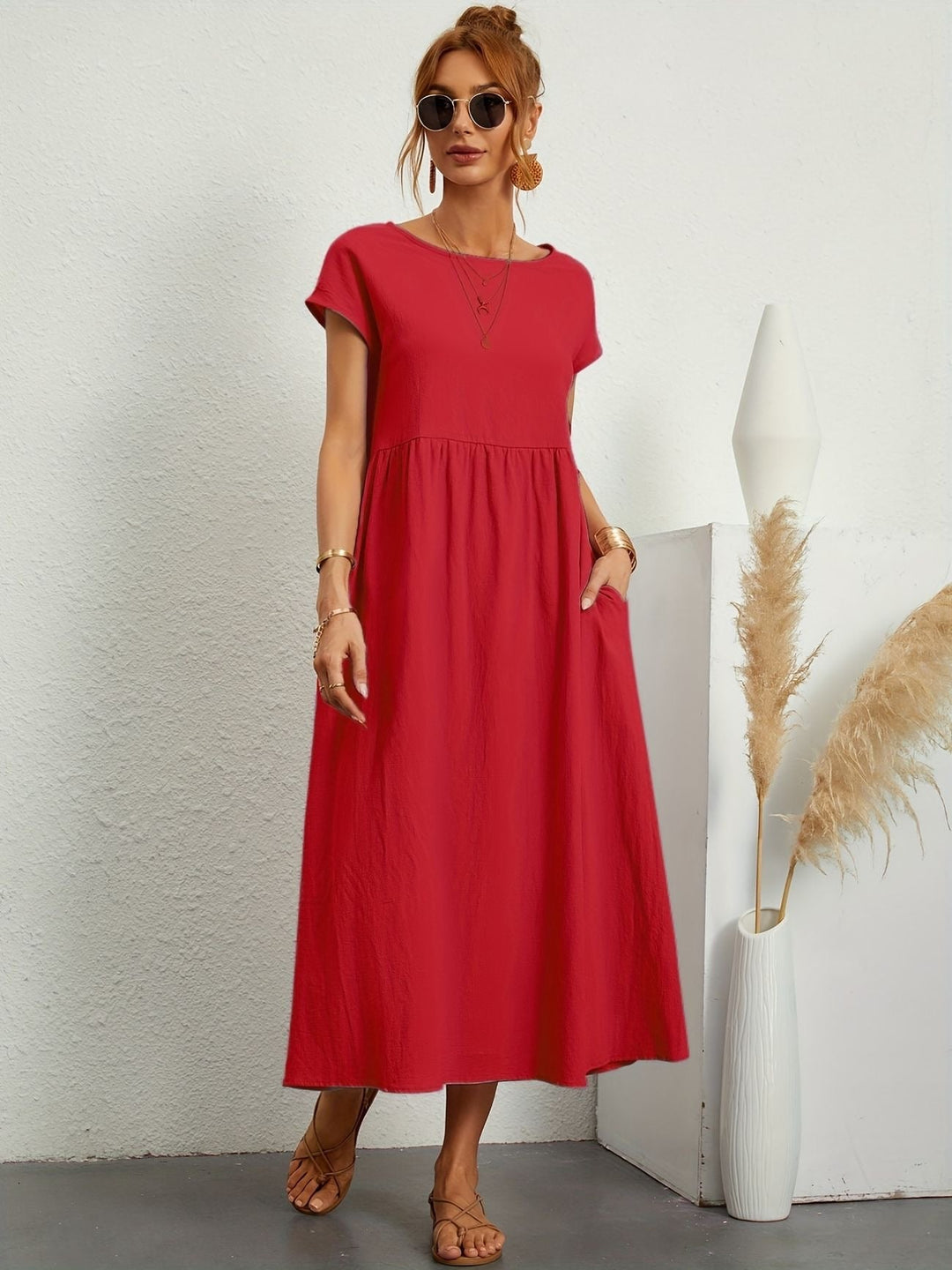 Julia | Damen Kurze Ärmel Lockeres Midi-Taschenkleid