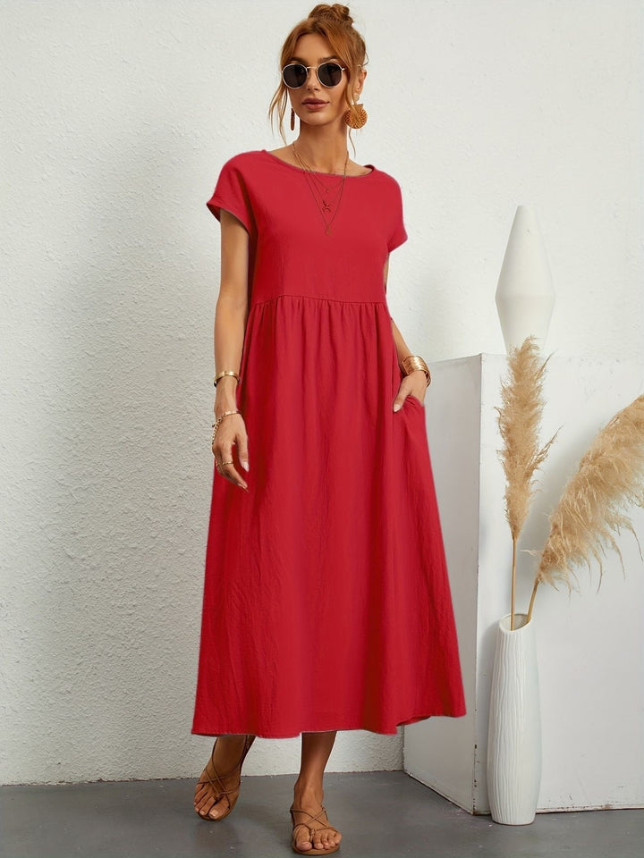 Julia | Damen Kurze Ärmel Lockeres Midi-Taschenkleid