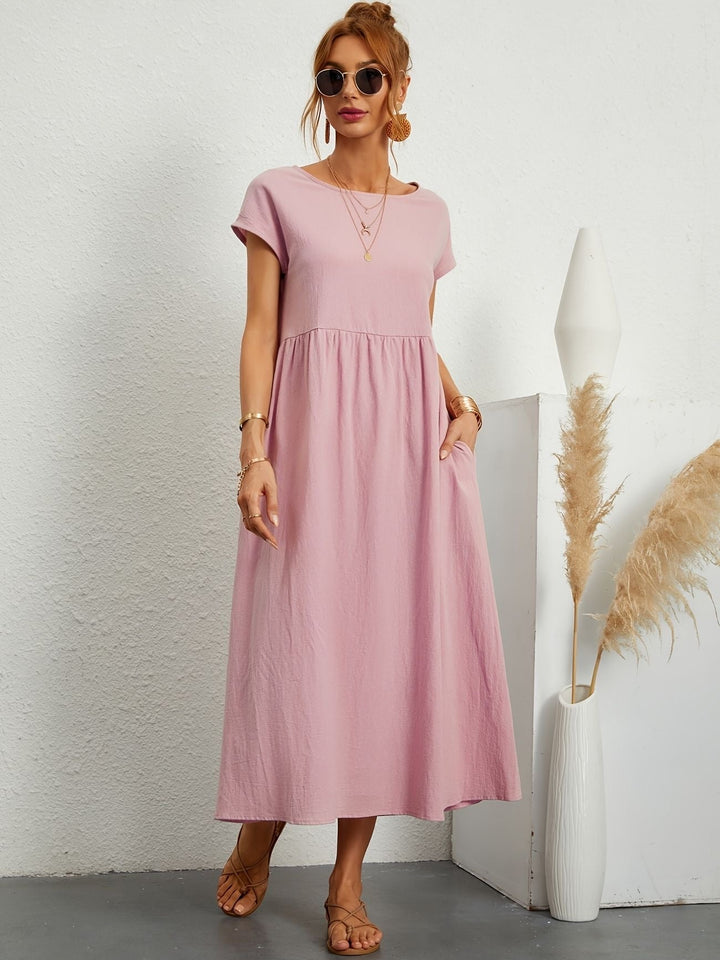 Julia | Damen Kurze Ärmel Lockeres Midi-Taschenkleid