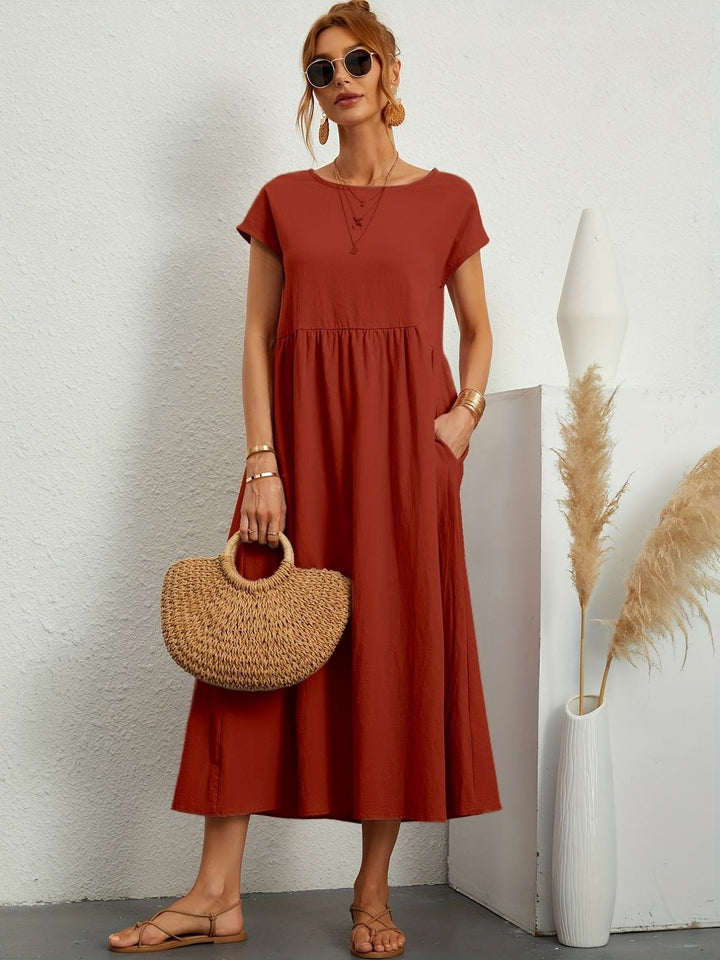 Julia | Damen Kurze Ärmel Lockeres Midi-Taschenkleid