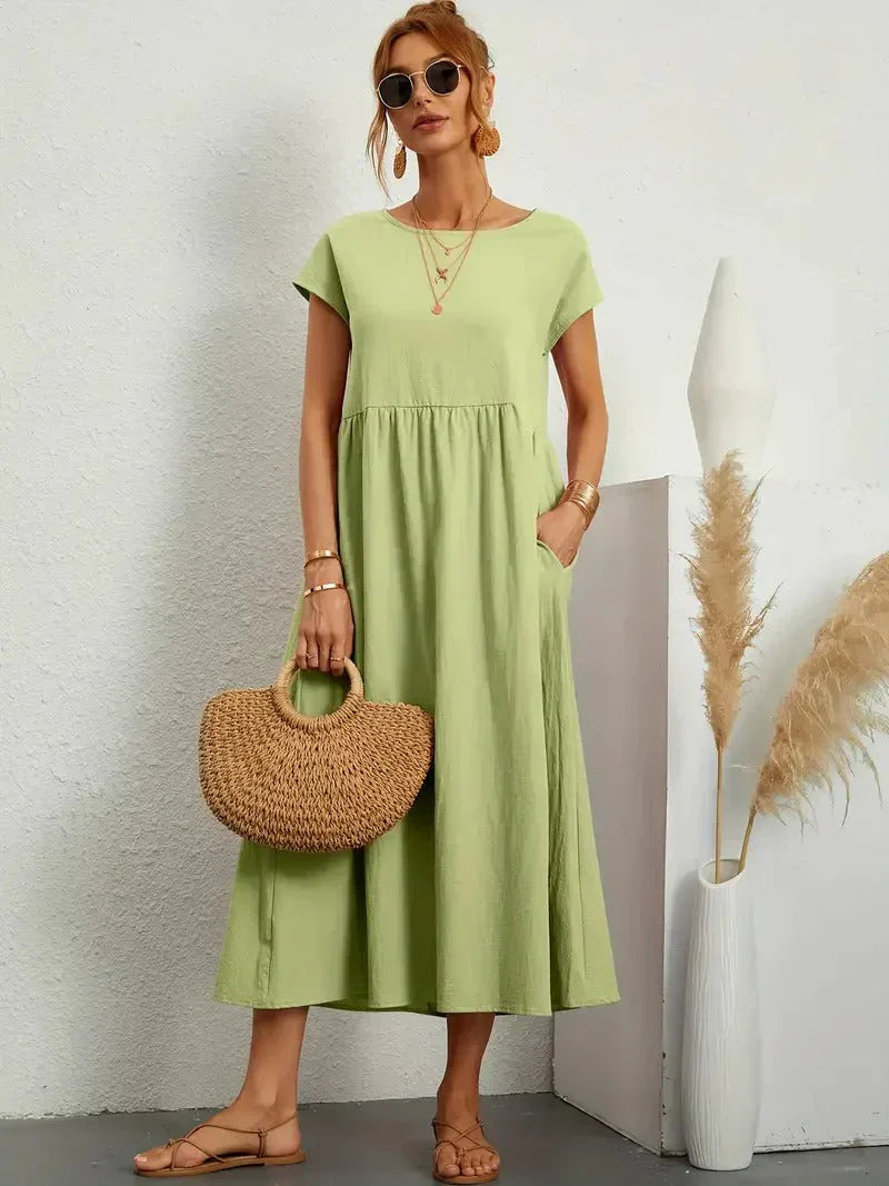 Julia | Damen Kurze Ärmel Lockeres Midi-Taschenkleid