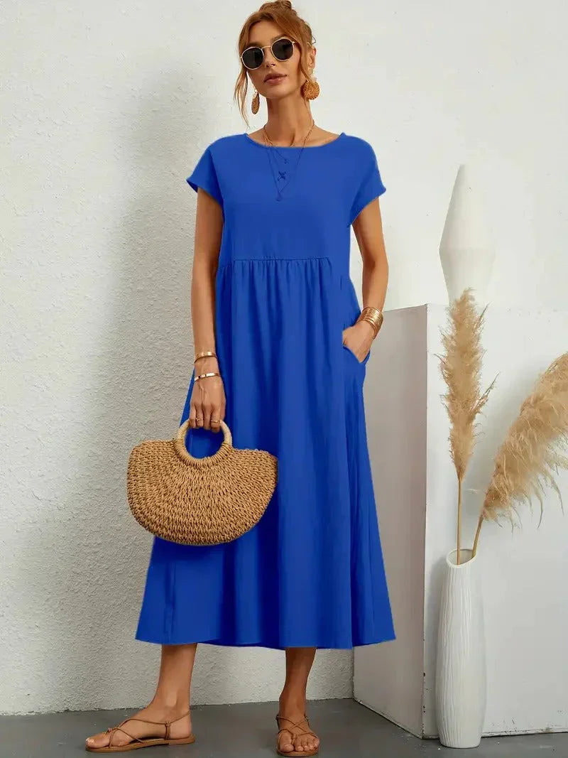 Julia | Damen Kurze Ärmel Lockeres Midi-Taschenkleid