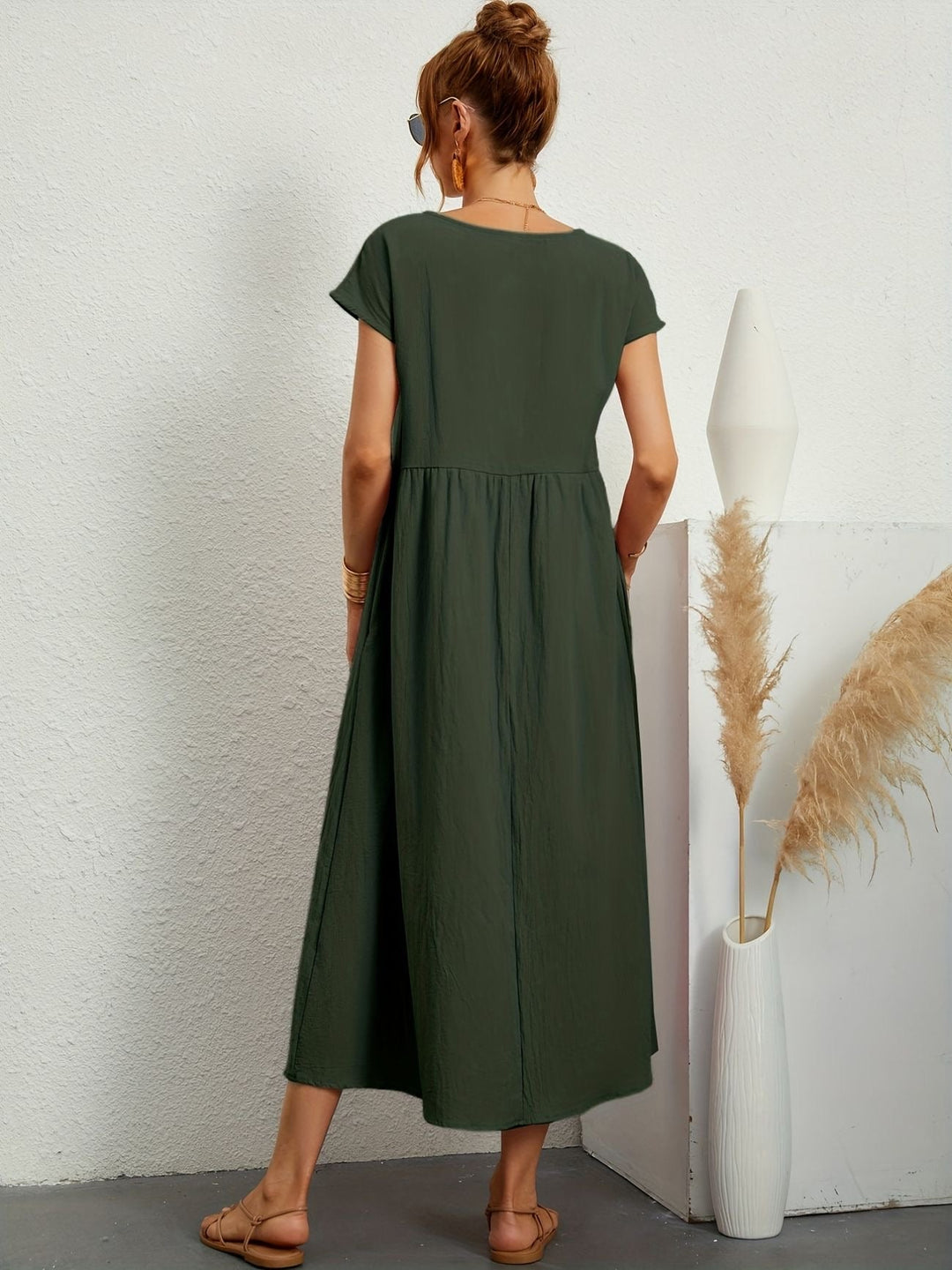 Julia | Damen Kurze Ärmel Lockeres Midi-Taschenkleid