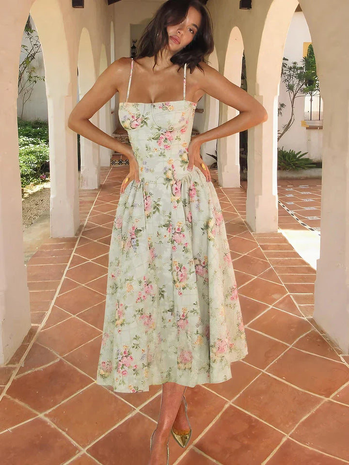 Ellen | Dames Bloemen Bandjes Midi Bruiloftsgast Jurk