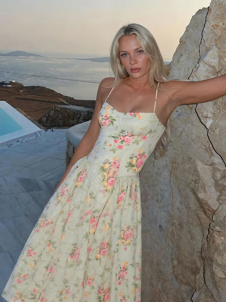 Ellen | Dames Bloemen Bandjes Midi Bruiloftsgast Jurk