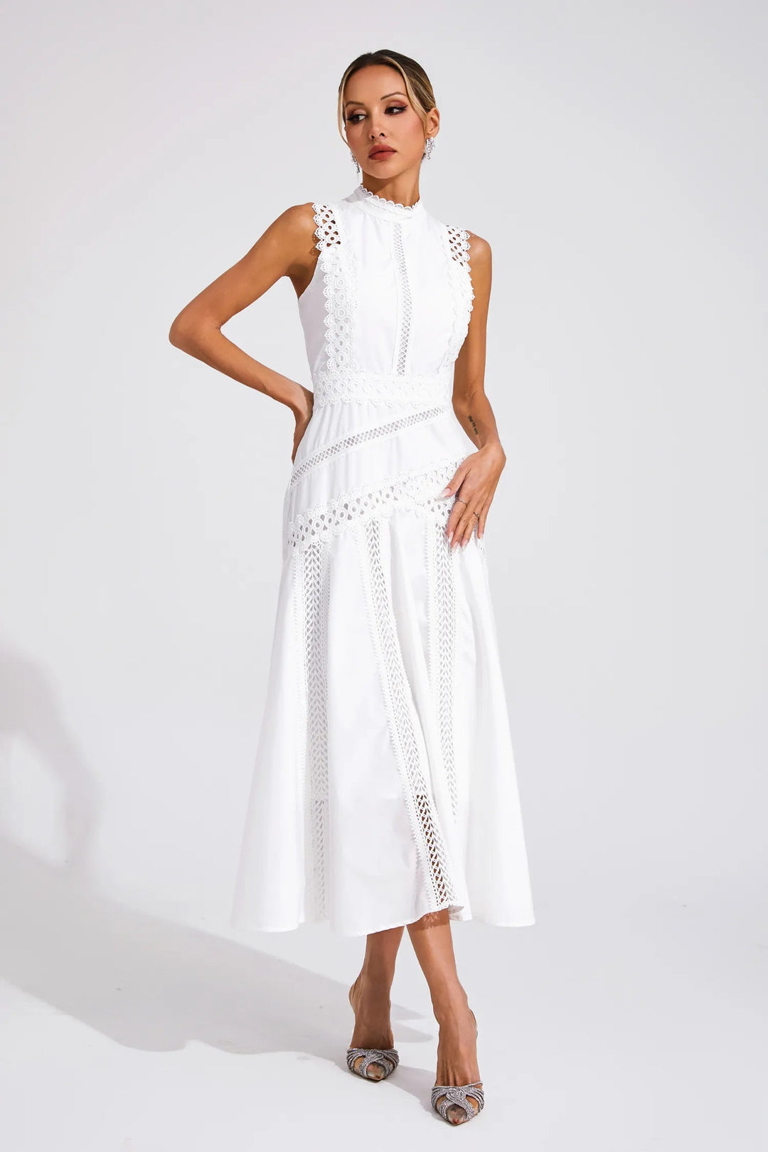 Desiree | Damen Ärmelloses Spitzen Midi Hochzeitsgastkleid