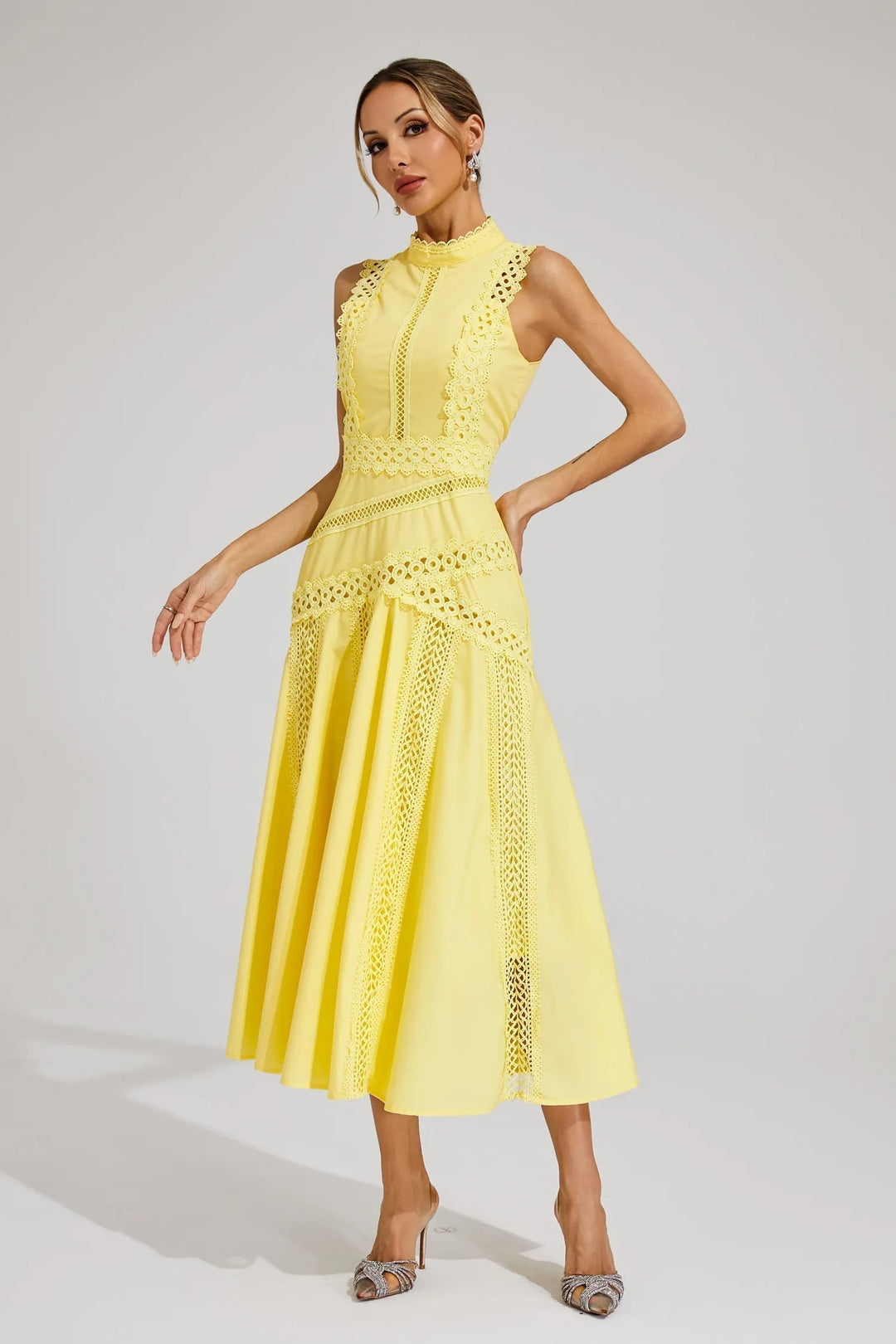 Desiree | Damen Ärmelloses Spitzen Midi Hochzeitsgastkleid