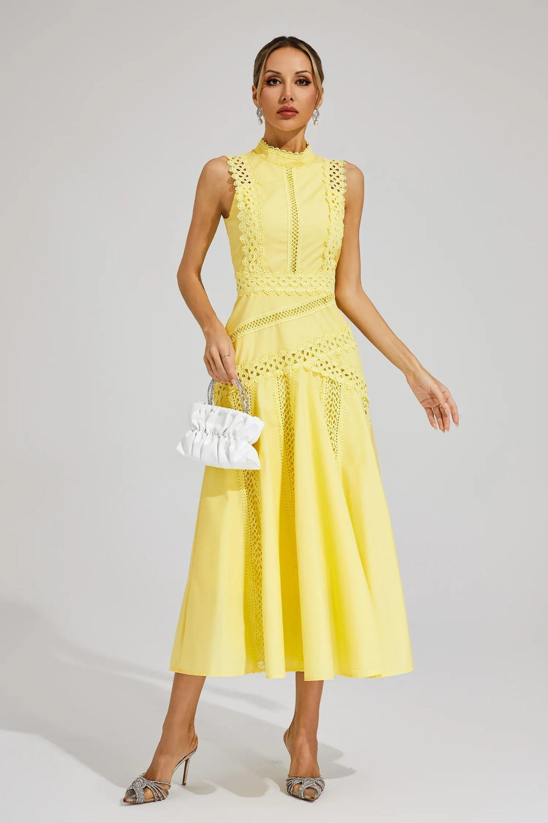Desiree | Damen Ärmelloses Spitzen Midi Hochzeitsgastkleid