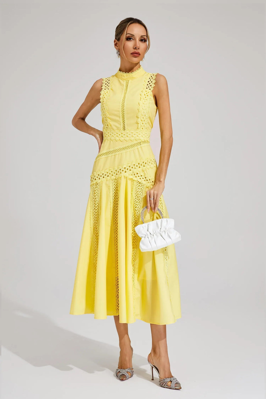 Desiree | Damen Ärmelloses Spitzen Midi Hochzeitsgastkleid