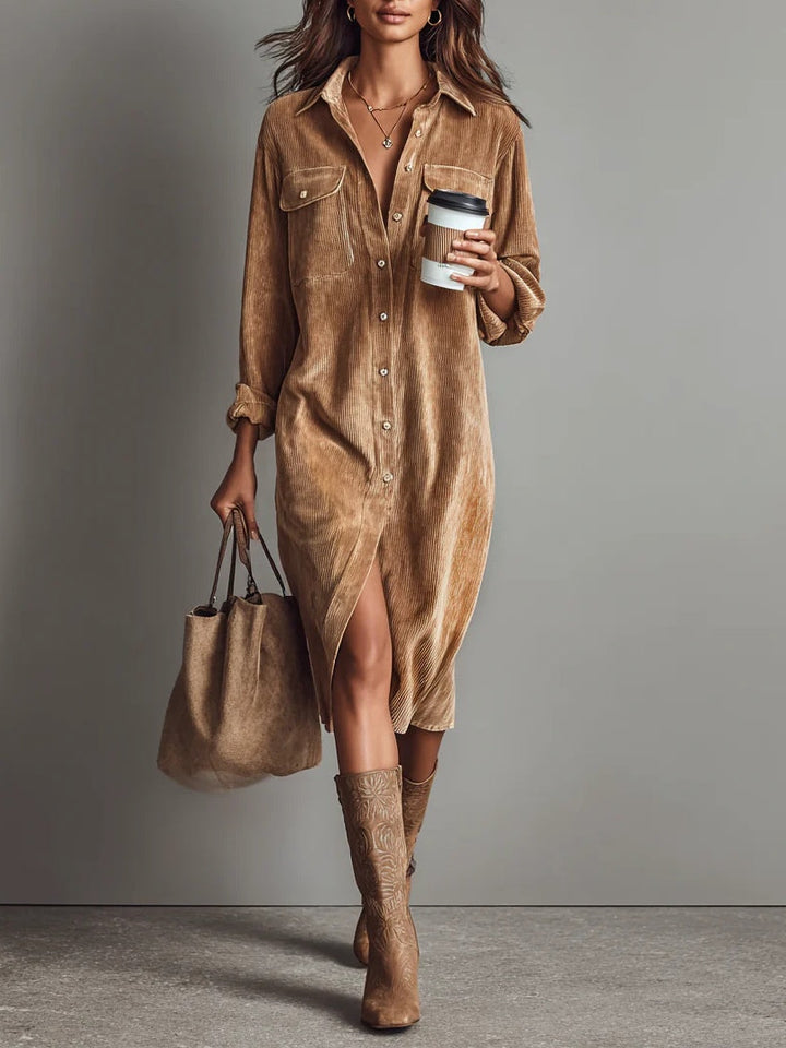 Diana | Damen Knopf Vorne Lange Ärmel Midi Kleid