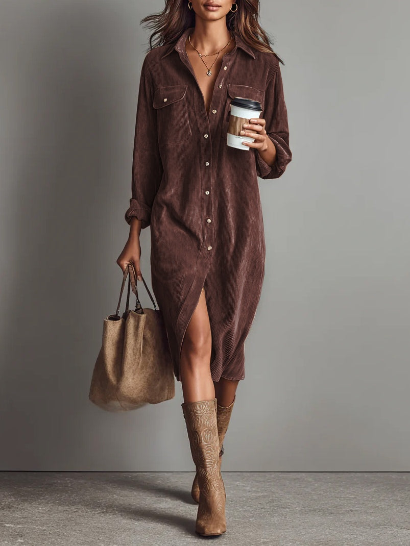 Diana | Damen Knopf Vorne Lange Ärmel Midi Kleid