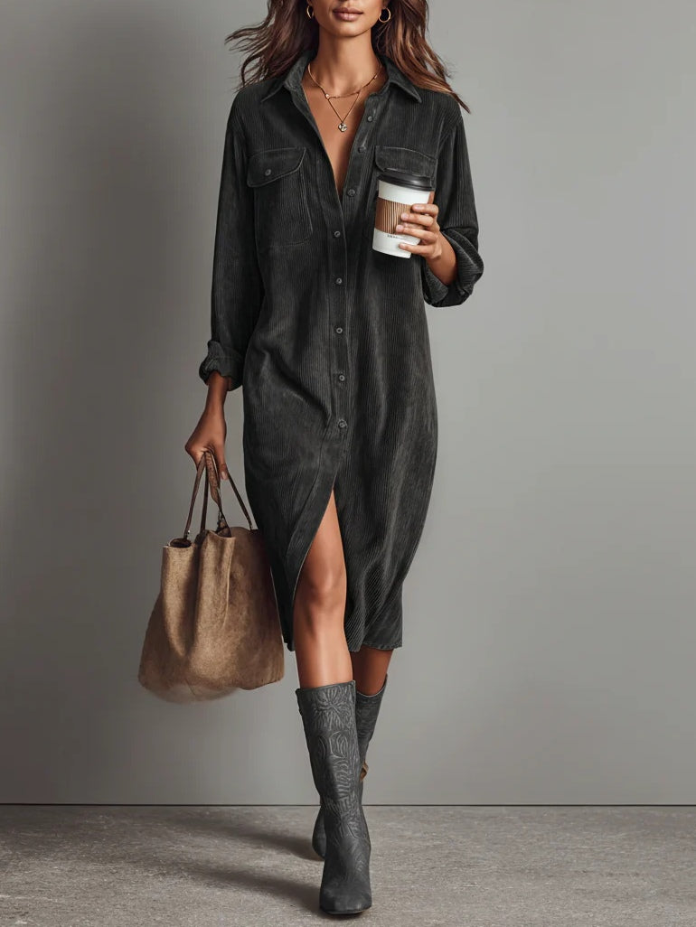 Diana | Damen Knopf Vorne Lange Ärmel Midi Kleid