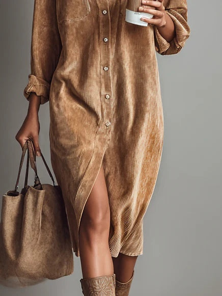 Diana | Damen Knopf Vorne Lange Ärmel Midi Kleid