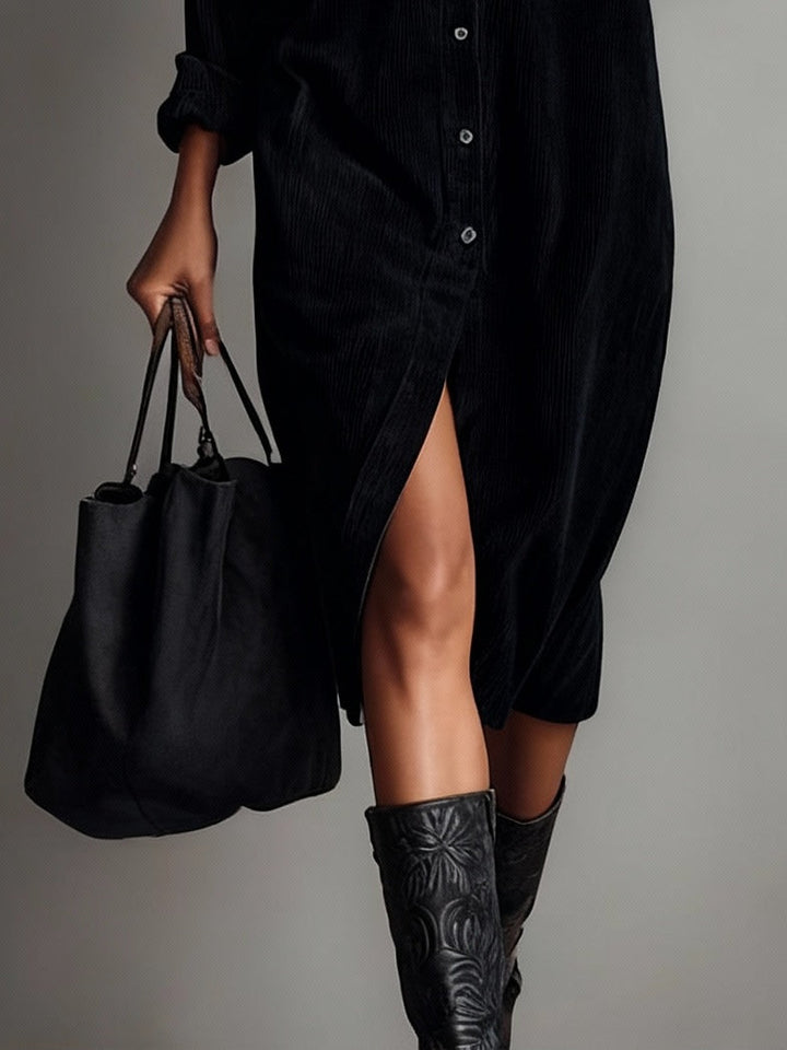 Diana | Damen Knopf Vorne Lange Ärmel Midi Kleid