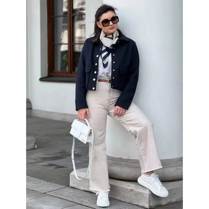 Autumn | Damen Kurz geschnittene Knopfjacke Minimalistisch Elegant