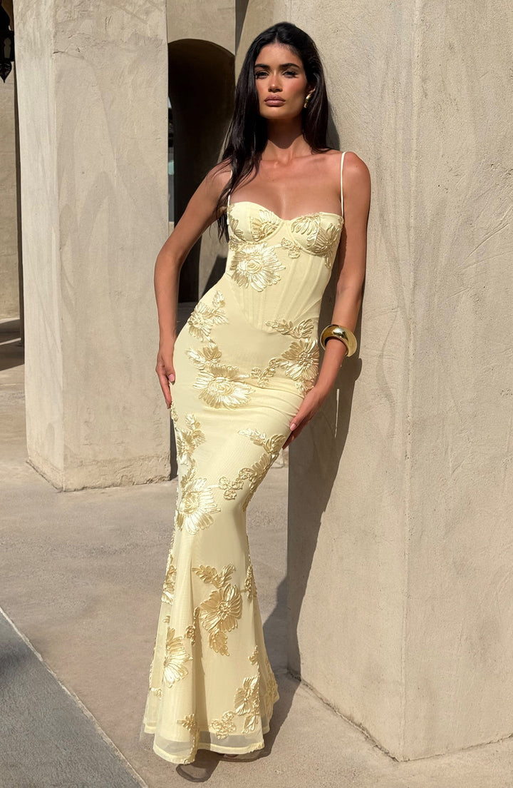 Natalie | Damen Blumen Besticktes Maxi Hochzeitsgast Kleid