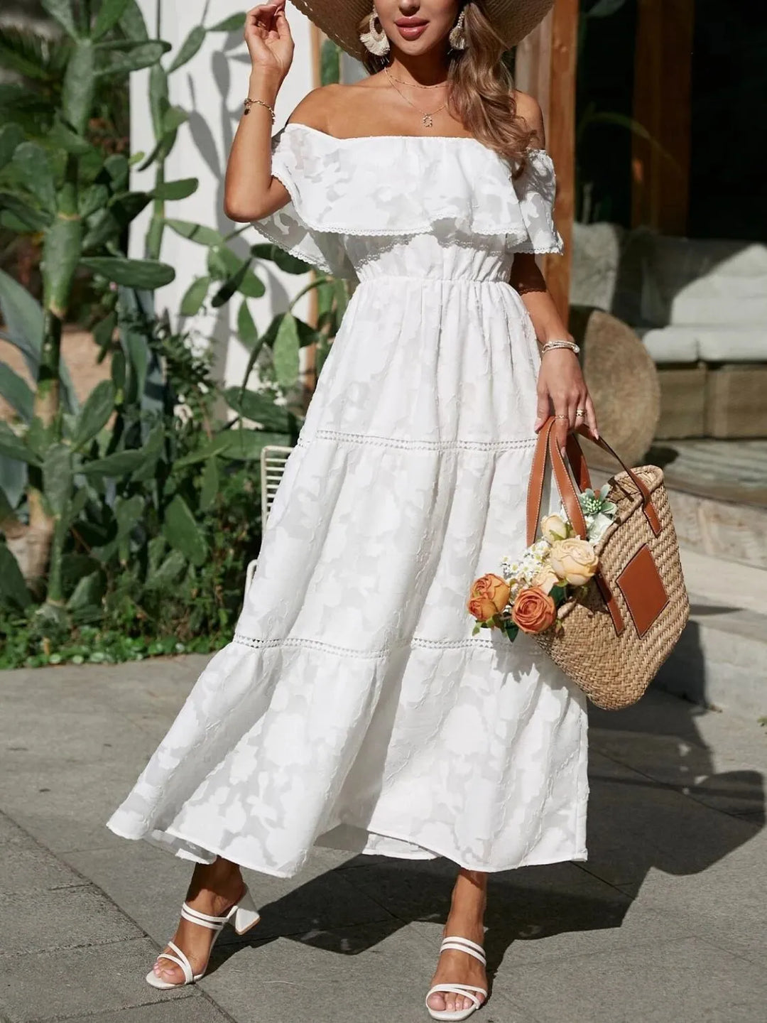 Fiona | Dames Off-Shoulder Gelaagde Maxi Bruiloftsgast Jurk