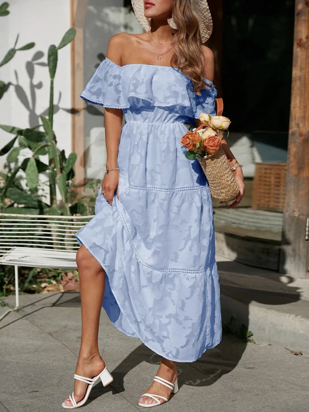 Fiona | Dames Off-Shoulder Gelaagde Maxi Bruiloftsgast Jurk