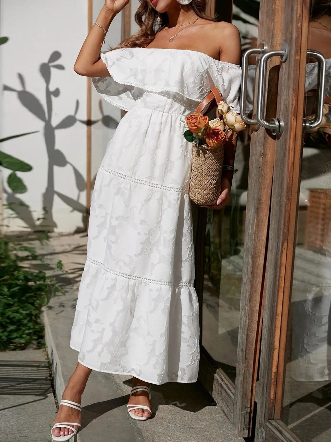 Fiona | Dames Off-Shoulder Gelaagde Maxi Bruiloftsgast Jurk