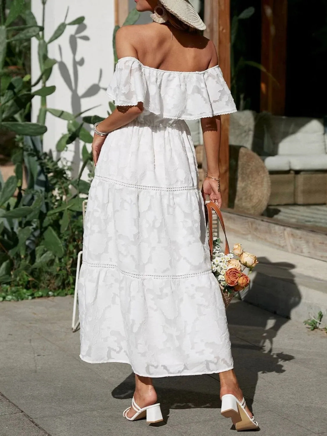 Fiona | Dames Off-Shoulder Gelaagde Maxi Bruiloftsgast Jurk