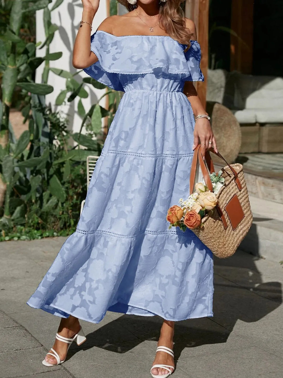 Fiona | Dames Off-Shoulder Gelaagde Maxi Bruiloftsgast Jurk