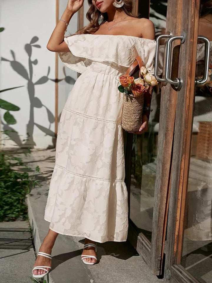 Fiona | Dames Off-Shoulder Gelaagde Maxi Bruiloftsgast Jurk