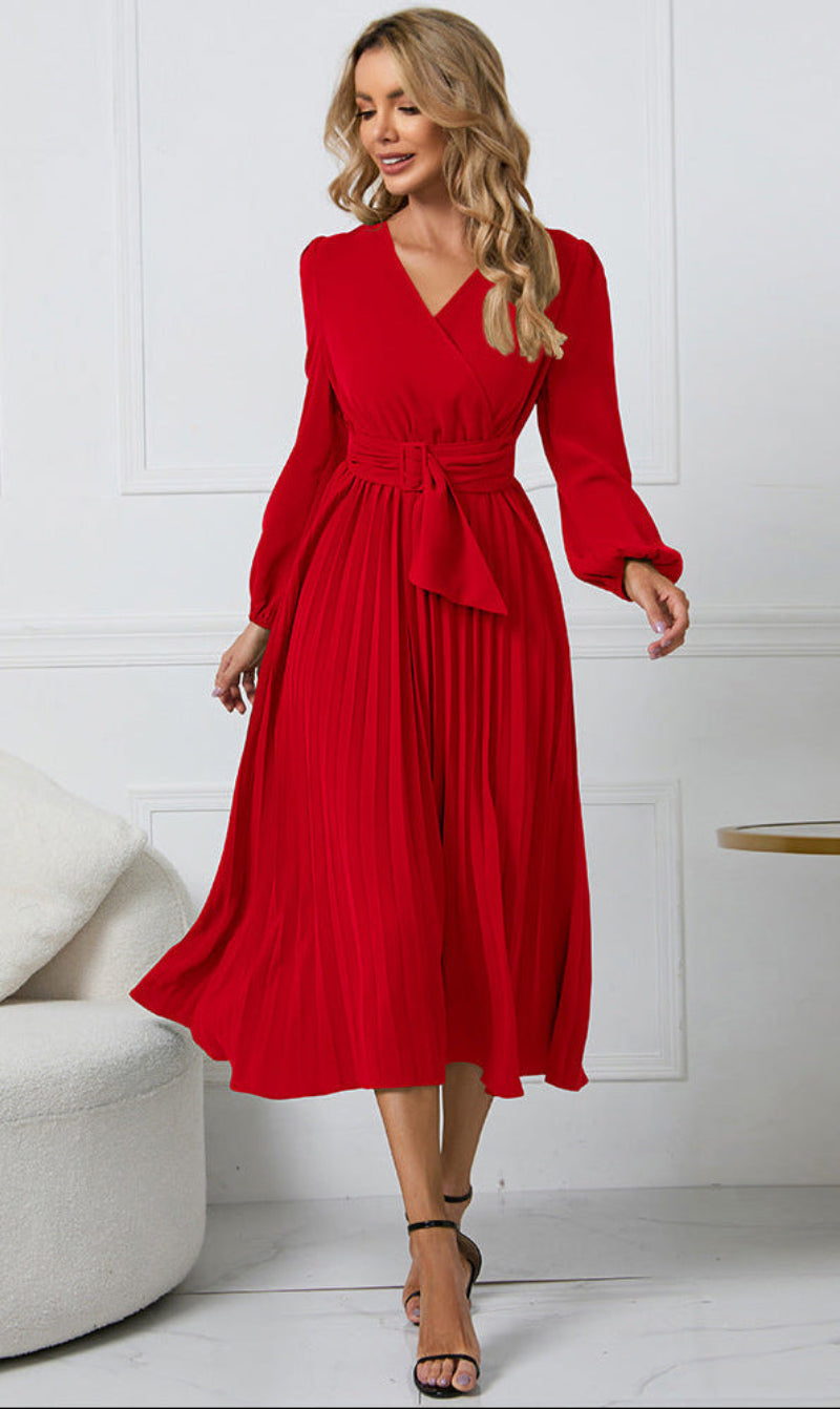 Amelia | Damen Lange Ärmel Midi Hochzeitsgastkleid