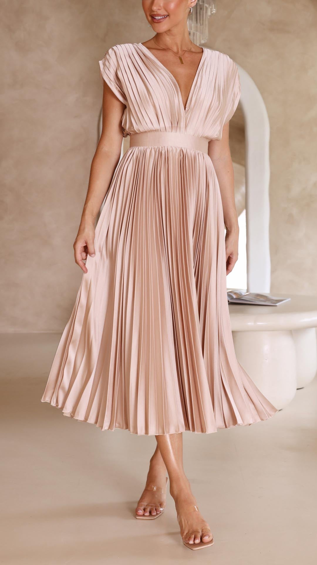 Sadie | Damen Falten V-Ausschnitt Midi Hochzeitsgastkleid