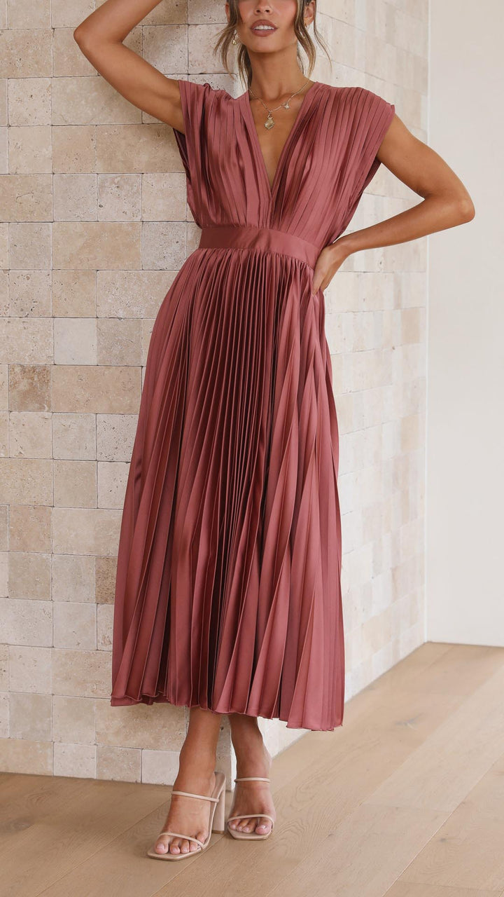 Sadie | Damen Falten V-Ausschnitt Midi Hochzeitsgastkleid