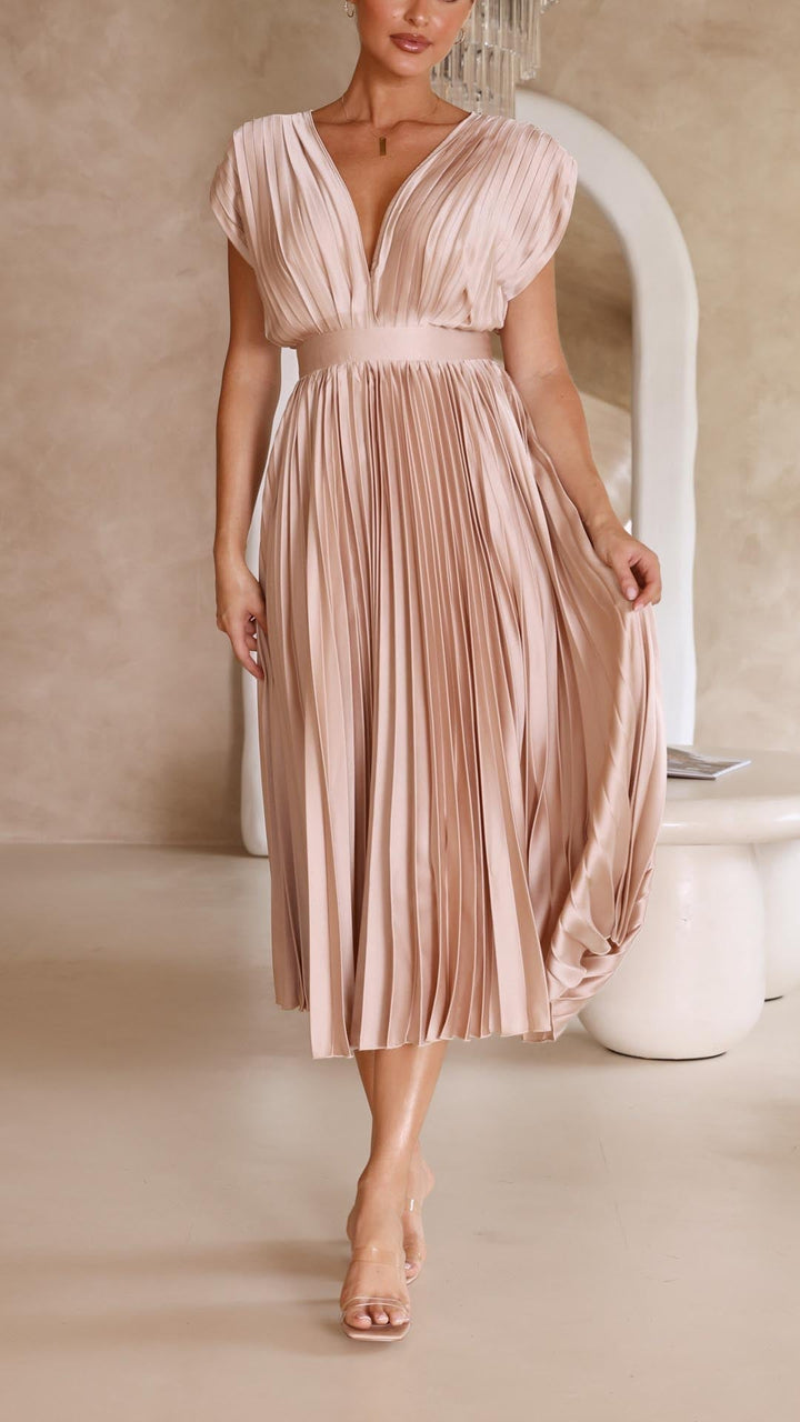 Sadie | Damen Falten V-Ausschnitt Midi Hochzeitsgastkleid