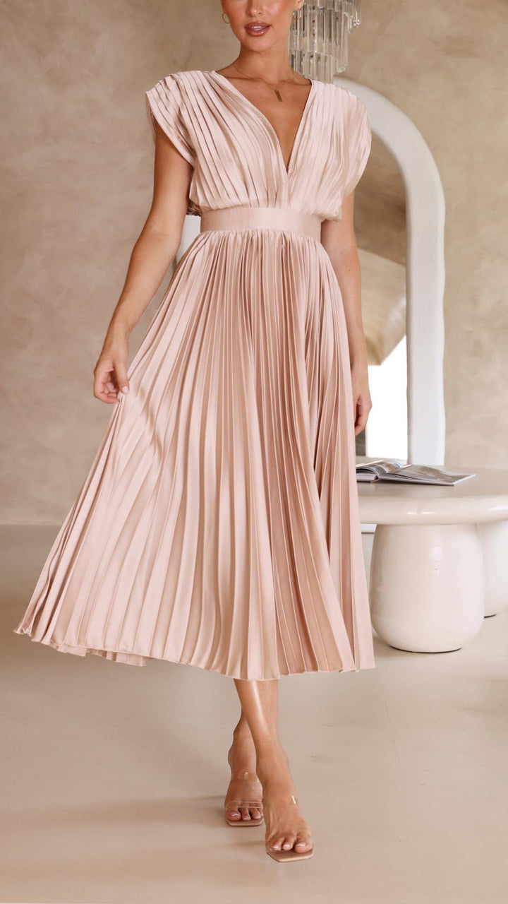 Sadie | Damen Falten V-Ausschnitt Midi Hochzeitsgastkleid