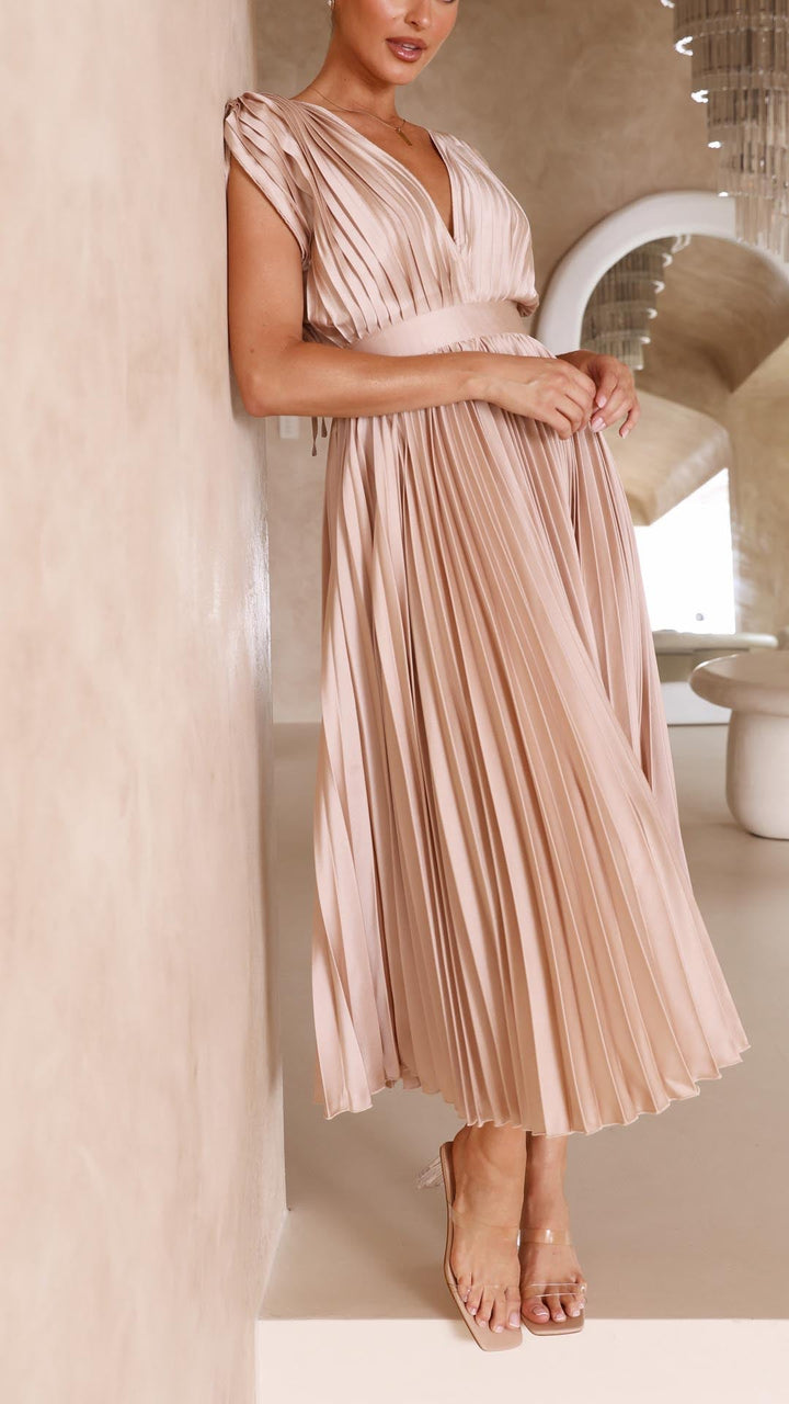 Sadie | Damen Falten V-Ausschnitt Midi Hochzeitsgastkleid