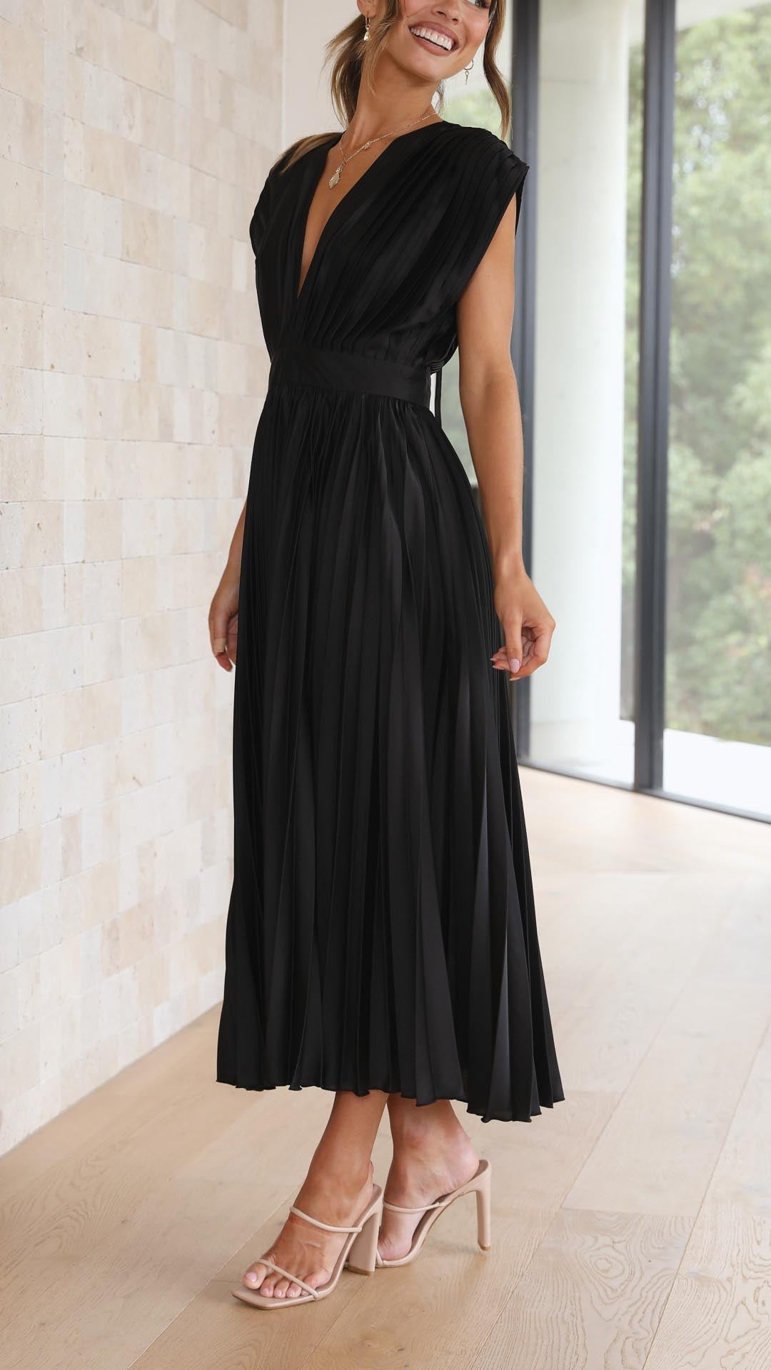 Sadie | Damen Falten V-Ausschnitt Midi Hochzeitsgastkleid