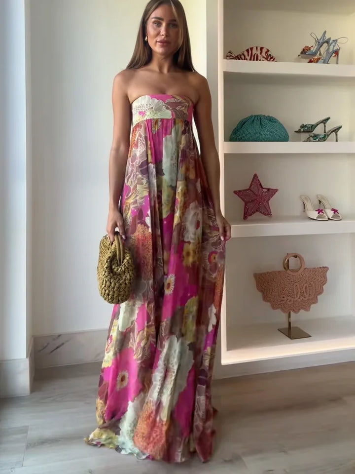 Olivia | Damen Trägerlos Blumenmuster Maxi Hochzeitsgast Kleid