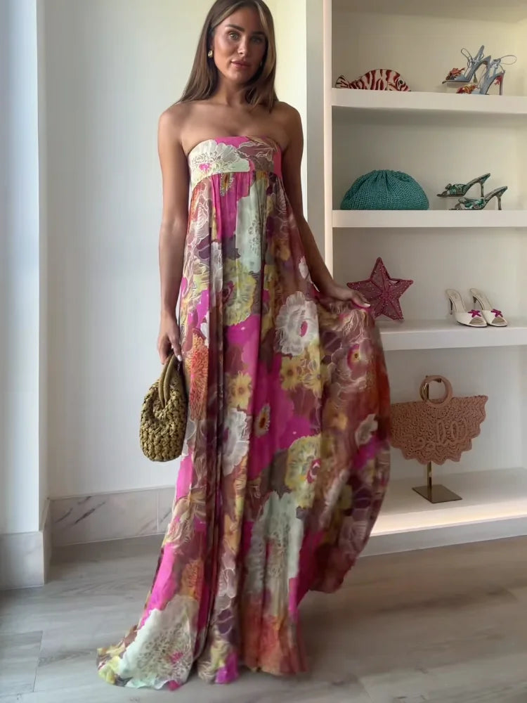 Olivia | Damen Trägerlos Blumenmuster Maxi Hochzeitsgast Kleid