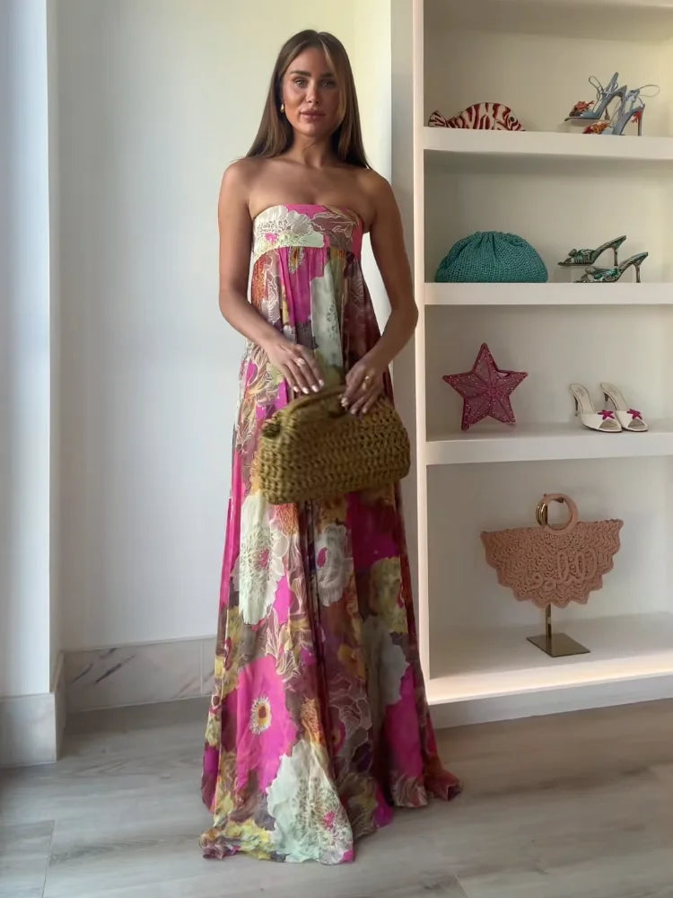 Olivia | Damen Trägerlos Blumenmuster Maxi Hochzeitsgast Kleid