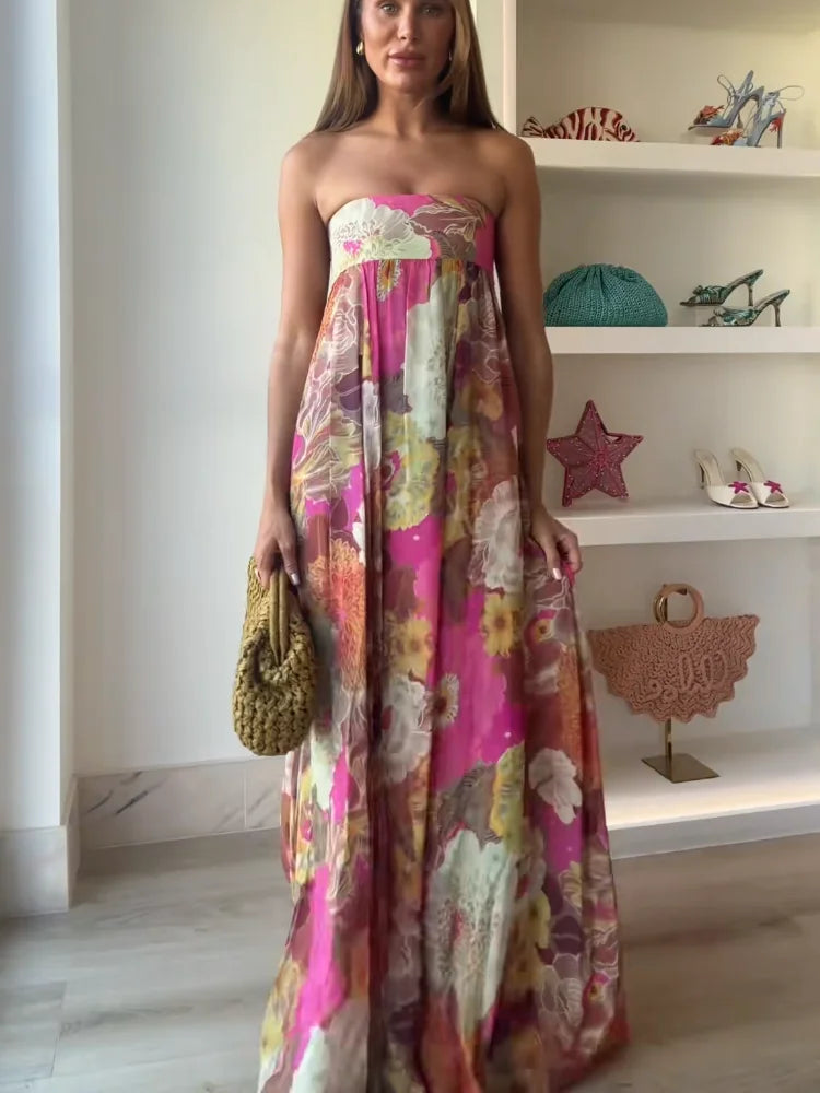 Olivia | Damen Trägerlos Blumenmuster Maxi Hochzeitsgast Kleid