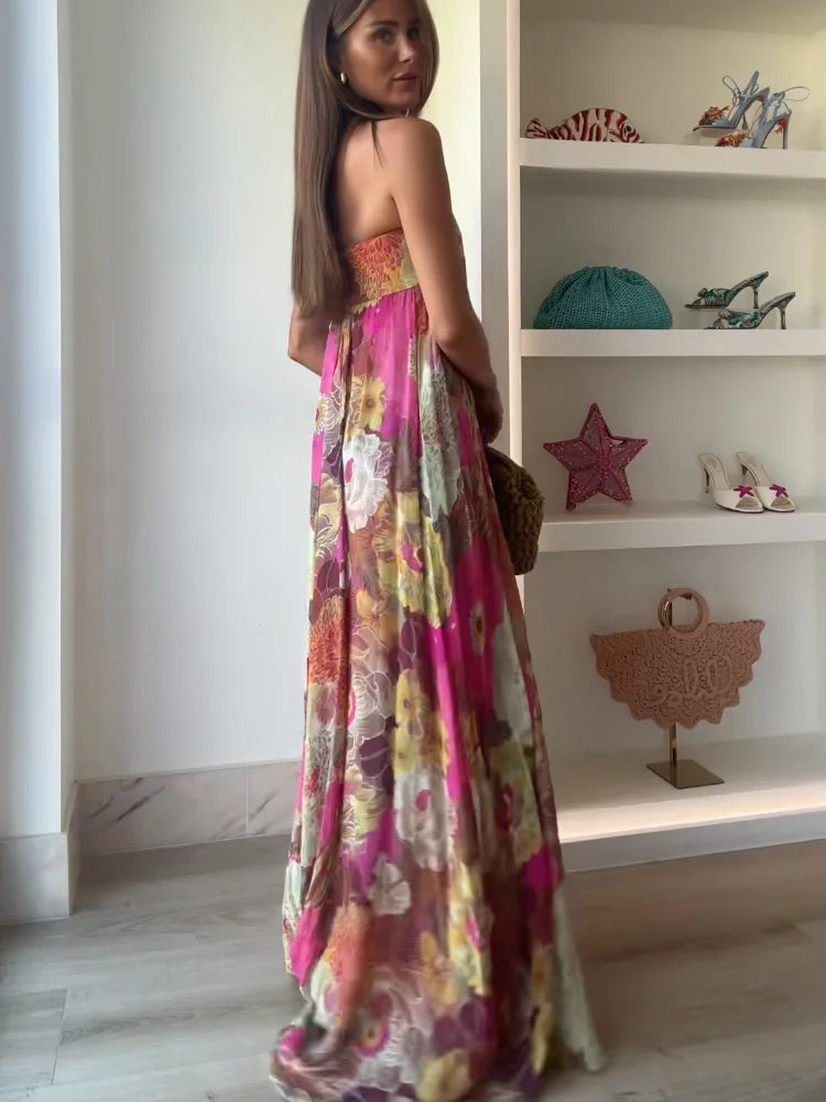 Olivia | Damen Trägerlos Blumenmuster Maxi Hochzeitsgast Kleid