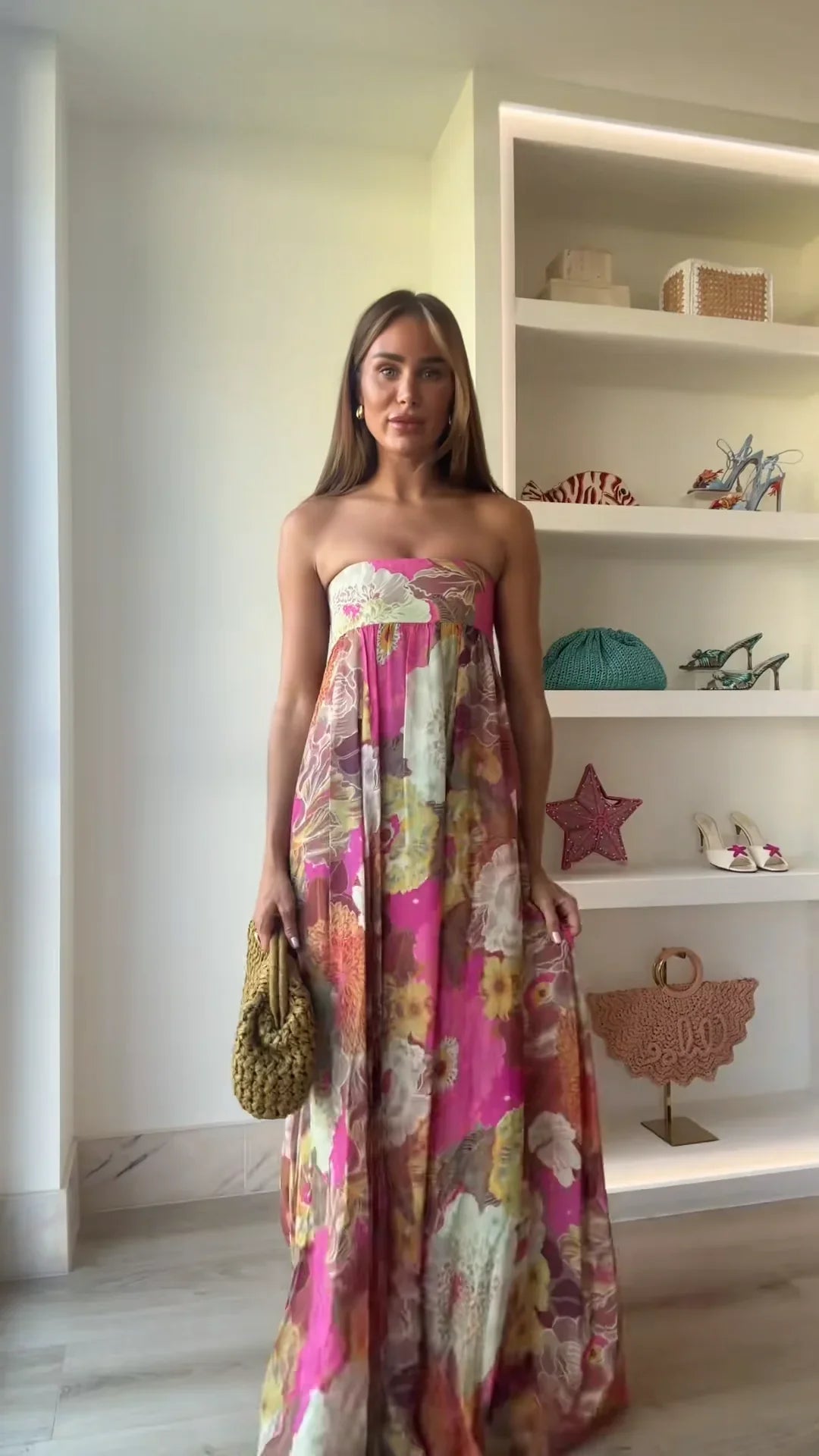Olivia | Damen Trägerlos Blumenmuster Maxi Hochzeitsgast Kleid